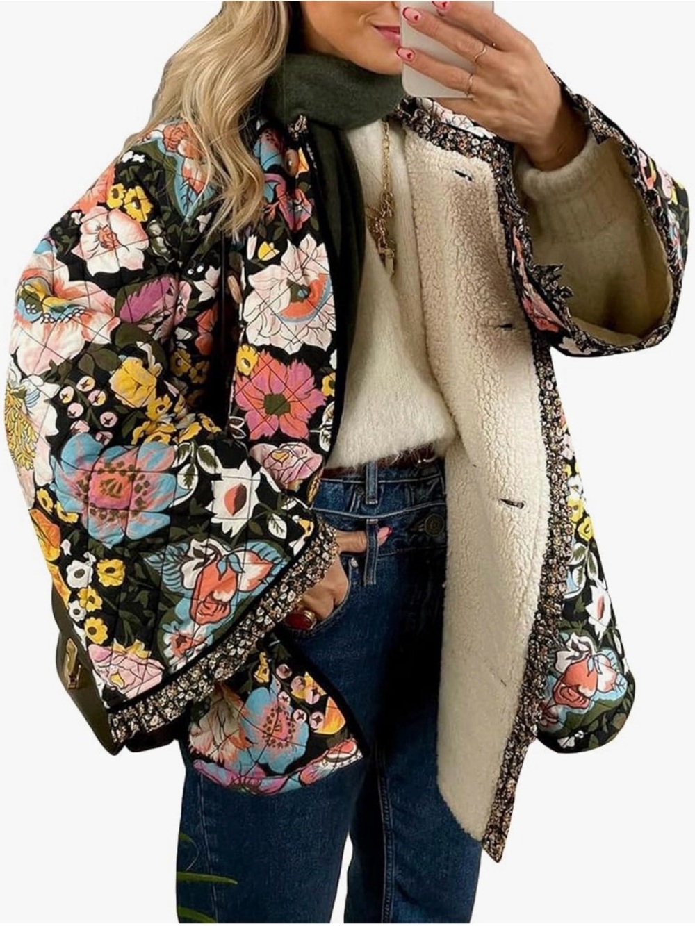 Quilted Floral Sherpa-Lined Jacket Black Multi New Without Tags